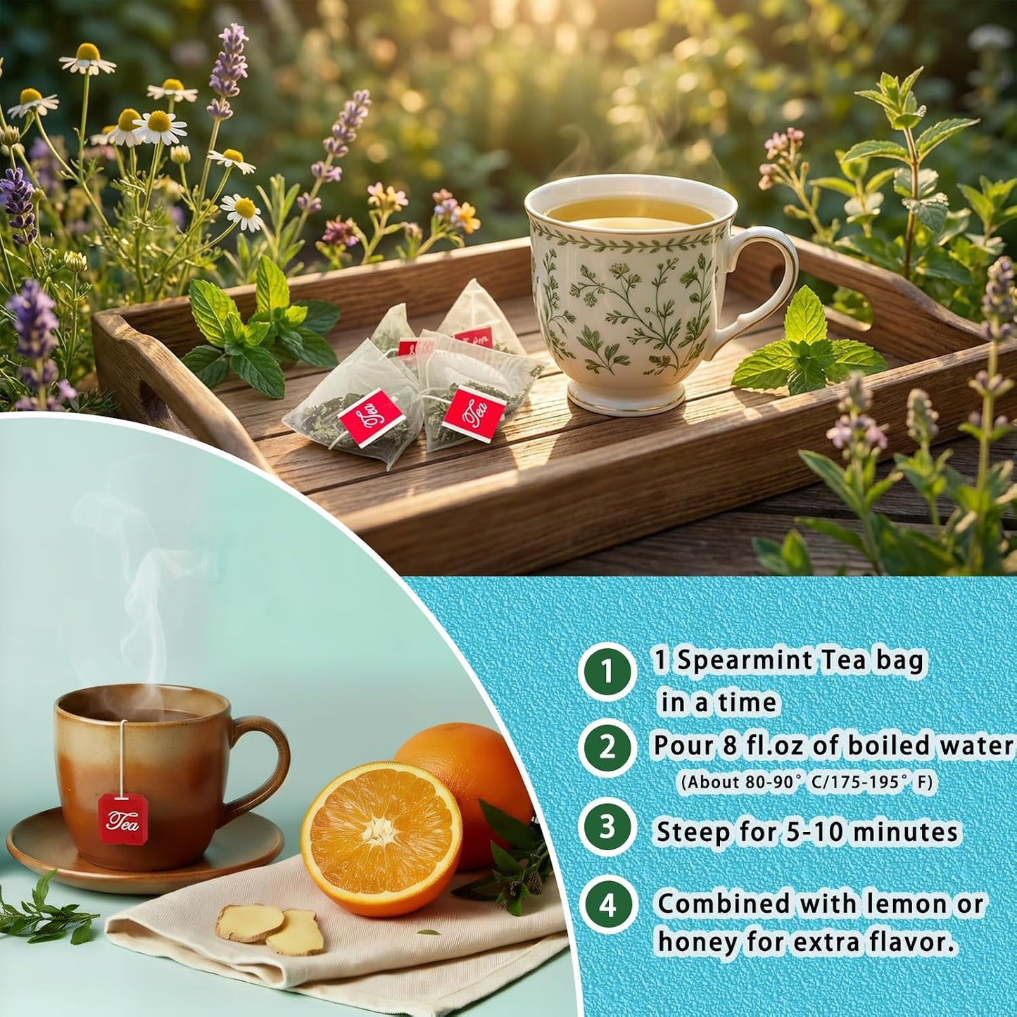 Samcci Spearmint Tea Bags, 40 Counts, Pure Dried Spearmint Leaf | Supports Digestion, Fresh Breath, Women's Wellness &amp; Balance, 100% Natural Dried Leaves, Non-GMO, Caffeine-Free