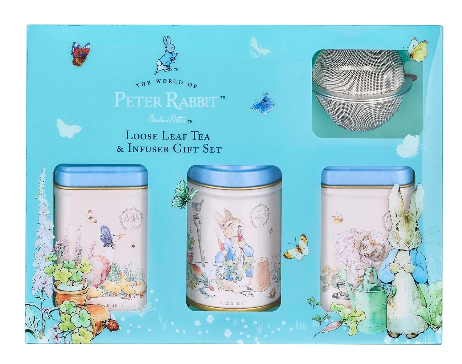 New English Teas Loose Leaf Tea & Infuser Gift Set – 3 Peter Rabbit Tins with Breakfast, Earl Grey & Afternoon Blends with Loose Tea Infuser