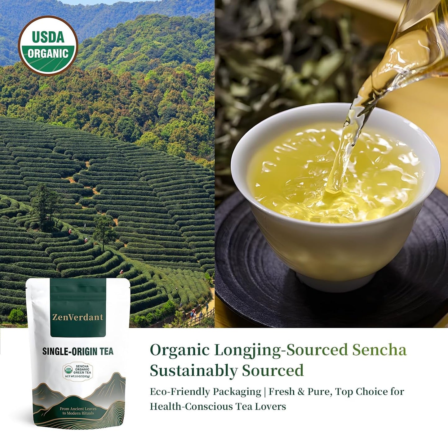 ZenVerdant Organic Sencha Green Tea,10oz, 150+ Cups | Smooth &amp; Clean Refreshing Taste, Premium Japanese Style Sencha, Resealable Fresh Pouch, Perfect for Hot &amp; Iced Tea