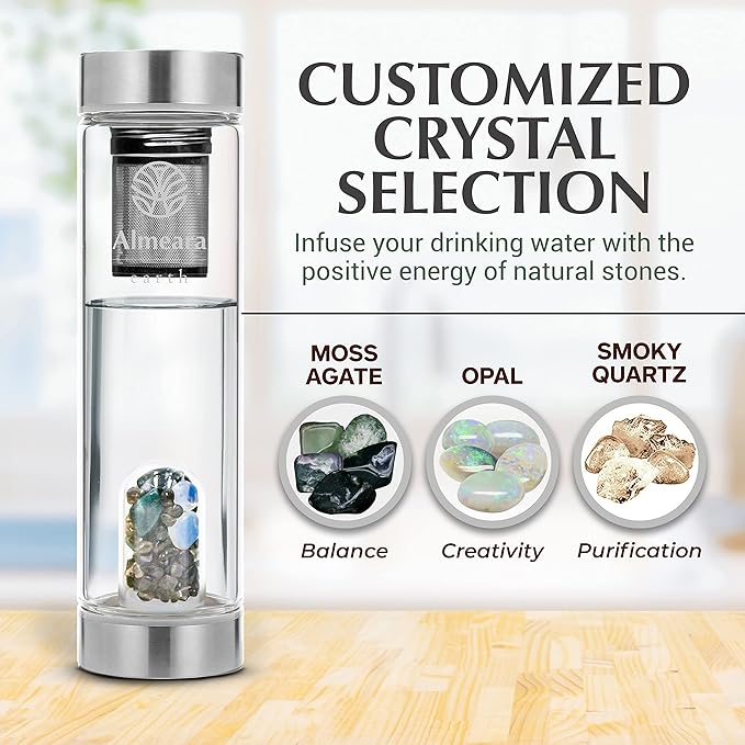 Almeara Crystal Water Bottle with Authentic Moss Agate, Opal Stones & Smoky Quartz Removable Gemstones, Loose Leaf Tea Infuser - Relaxation