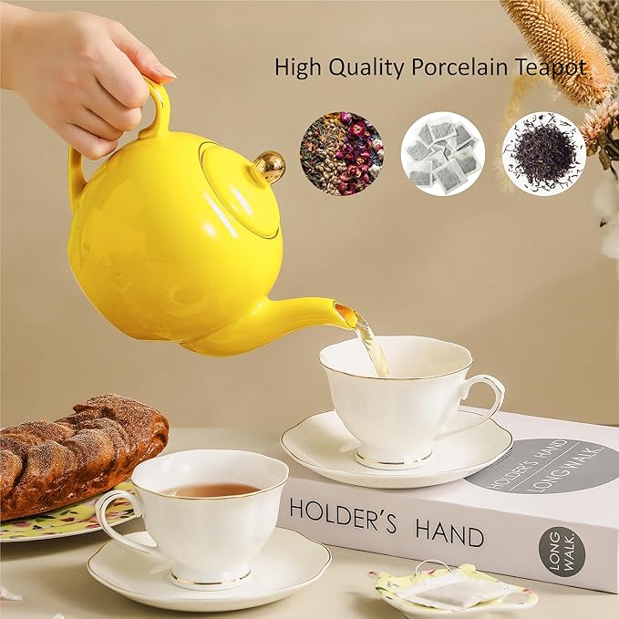 30oz Yellow Porcelain Teapot with a Speckled Glaze, Sunny Ceramic Teapot with Gold Trim for Loose Leaf and Blooming Tea, Tea Party Essential