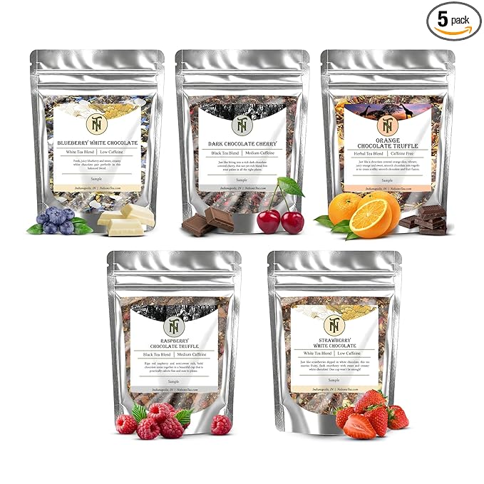Nelson's Tea Chocolate Covered Fruit Sampler Pack Tea - Blueberry White Choc, Dark Chocolate Cherry, Orange Truffle Choc, Raspberry Truffle Choc
