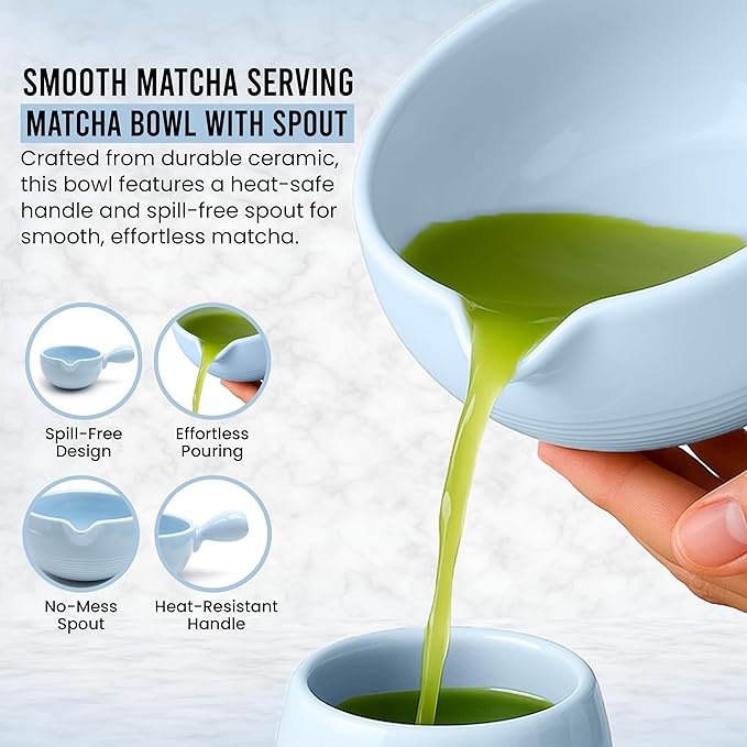 HAPPY PATH & CO Matcha Whisk Set – 6 Pcs Matcha Tea Set Includes Bamboo Whisk(Chasen) & Holder,Bowl with Spout,Sifter,Scoop & Stand | Matcha Making Kit - Perfect for Matcha Lovers(Sky Bear)
