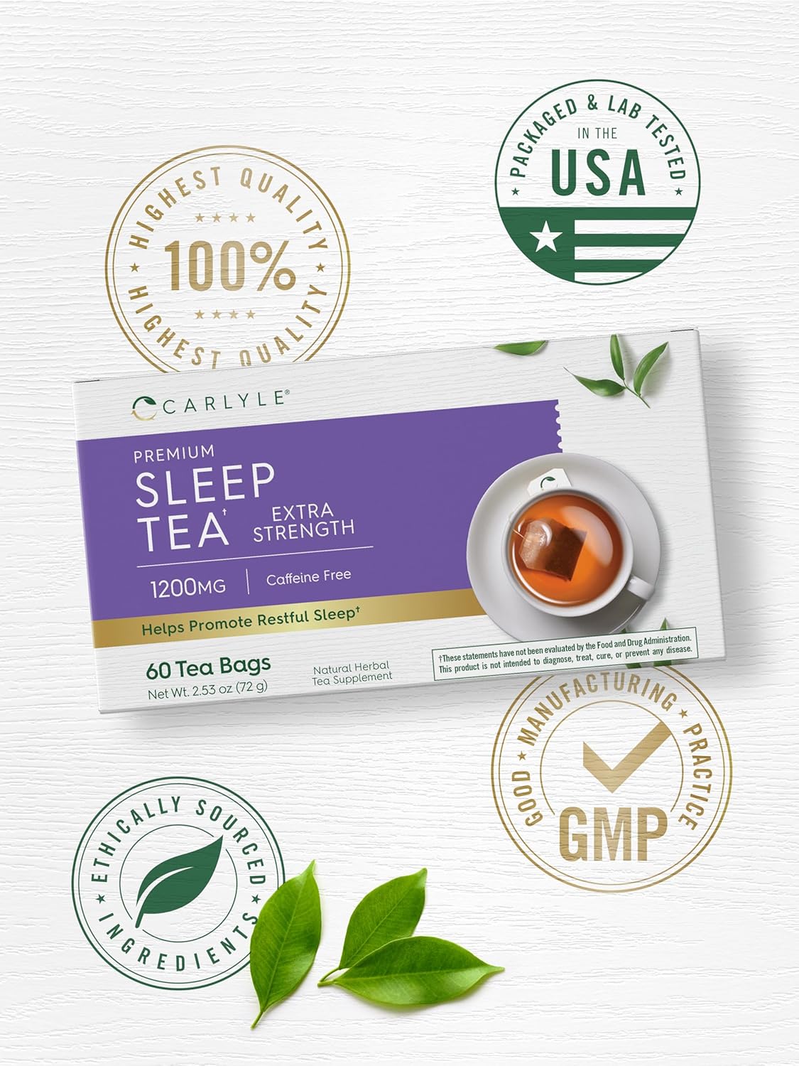 Carlyle Sleep Tea for Bedtime Extra Strength | 60 Bags | Caffeine Free | Herbal Blend with Valerian Root | Vegetarian, Non-GMO & Gluten Free