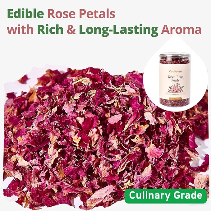 Dried Rose Petals Edible, 2.1oz (60g) Food Grade Rose Petals Tea– Culinary Roses Petals for Tea, Drinks, Baking & Cocktails
