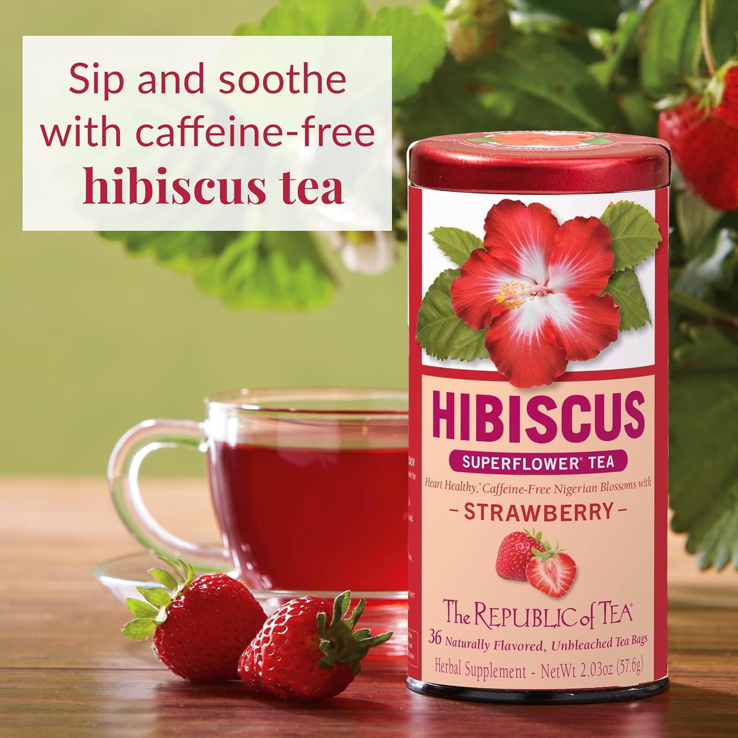 The Republic of Tea SuperFlower Hibiscus Strawberry Herbal Tea, 36 Count | Caffeine Free. Suitable for day or evening sipping. Bright and tart with notes of soft vanilla. Gluten Free and Carb Free.