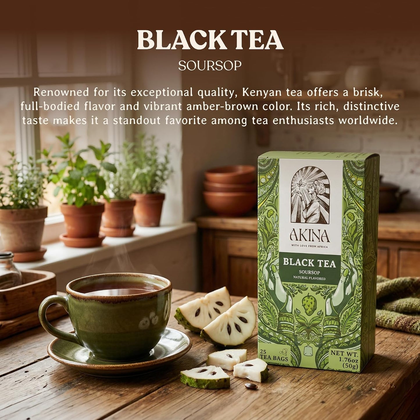 AKINA - Soursop Flavored Black Tea Bags, Individually Wrapped, Specialty String and Tag Kenyan Soursop Tea Bags, Sweet and Tangy with Uplifting Tropical Aroma (Box of 25) (50g)
