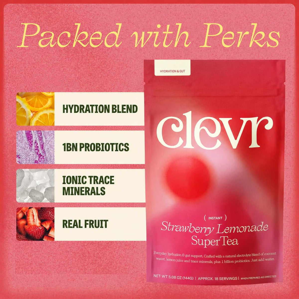 Clevr Strawberry Lemonade GLP-1 Friendly Electrolytes Hydration Drink Mix – No Added Sugar – Coconut Water with Strawberry &amp; Lemon Juice, Trace Minerals &amp; Gut Supporting Probiotics – Caffeine-Free SuperTea – 18 Servings