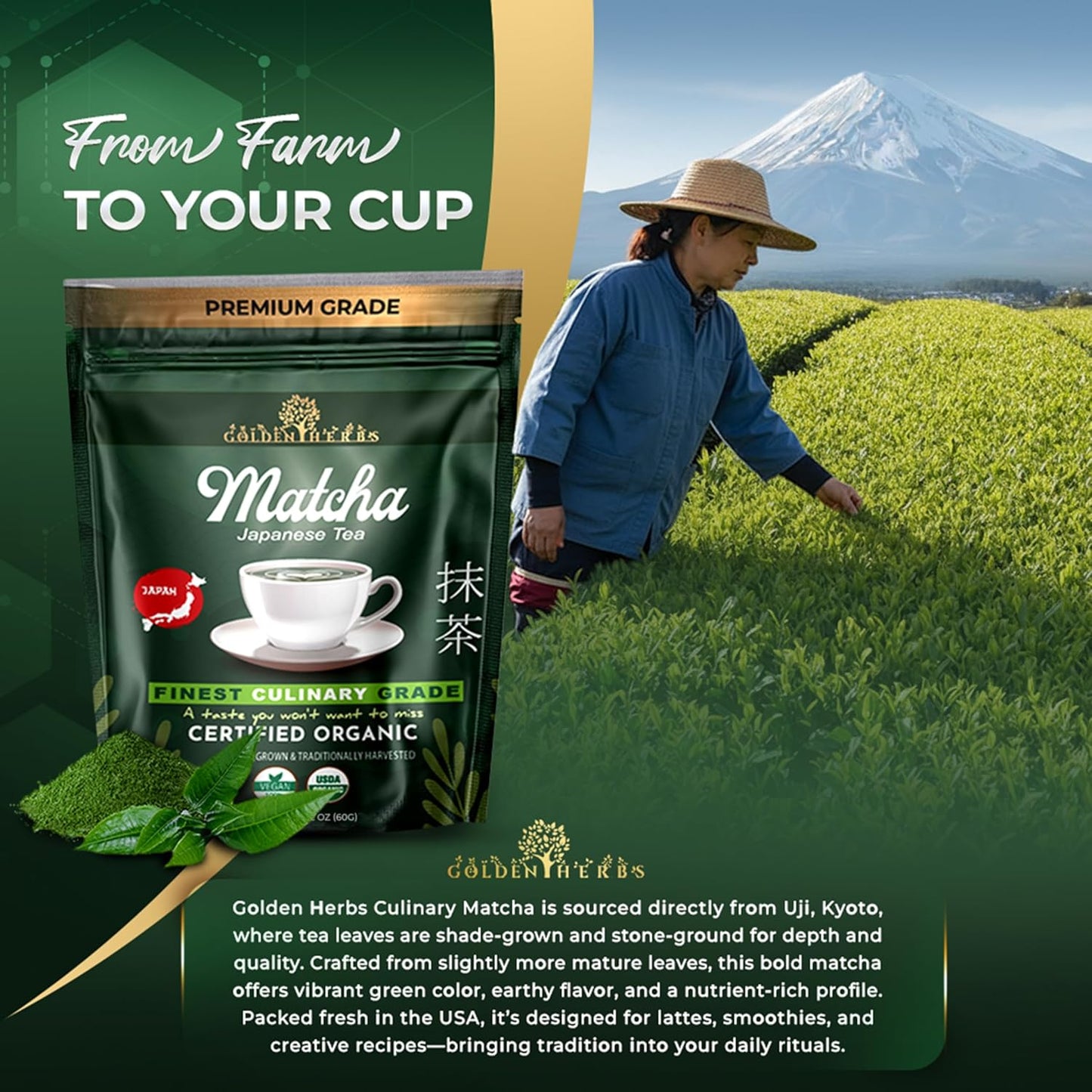 Golden Herbs Culinary Grade Matcha Organic Japanese Green Tea Powder for Lattes, Smoothies & Baking – Vibrant Green, Rich Umami Flavor, Stone-Ground for Maximum Freshness Resealable Pouch (60 Grams, Culinary Quality)