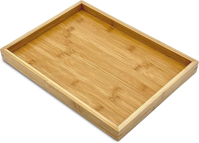 Bam & Boo Natural Bamboo Serving Tray Modern Rectangular (Bamboo, 13.75” x 10.25" x 1.2") for Food, Drinks, Decor, Vanity in Home, Kitchen, Bathroom