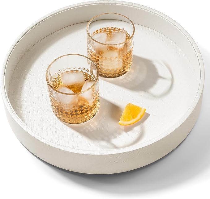12.6 Inch Round Serving Tray, Home Decorative LeatherOttoman Wooden Decor Platter Bathroom Vanity Tray for All Occasions Anti Slip White