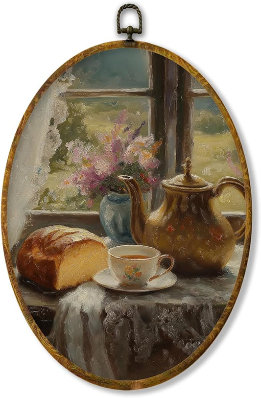 XPH Abstract Vintage Teapot Bread Round Wall Art Framed, Antique Coffee Cup Floral Circle Wall Decor, Rustic French Country Hanging Canvas Prints for Home Kitchen Decoration, 8.6x11.4 inch