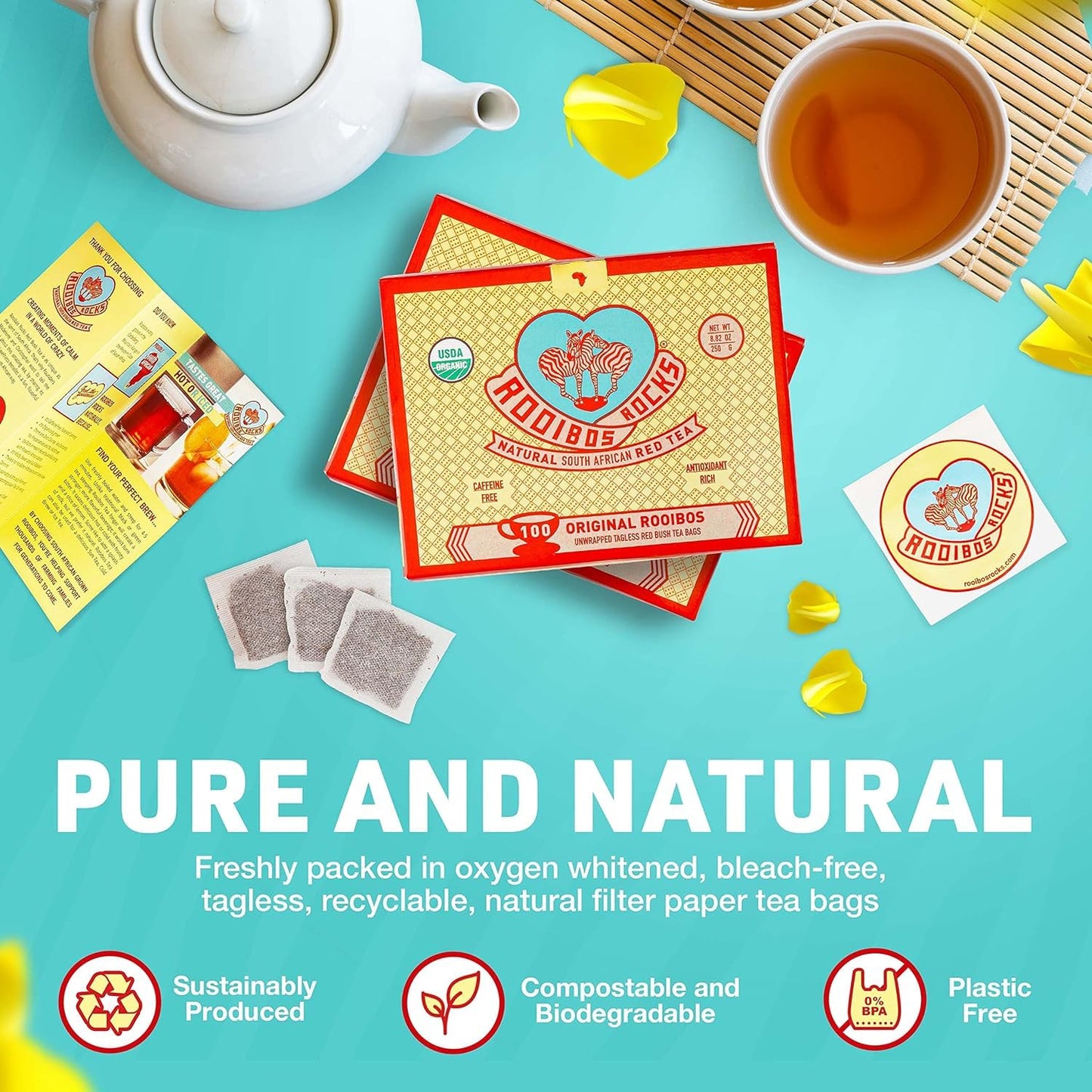 Rooibos Rocks Organic Rooibos Tea Bags - Caffeine-Free, 200 ct | USDA Organic • Microplastic-Free Tagless Pillow Tea Bags • Naturally Mildly Sweet Flavor • Hot or Iced