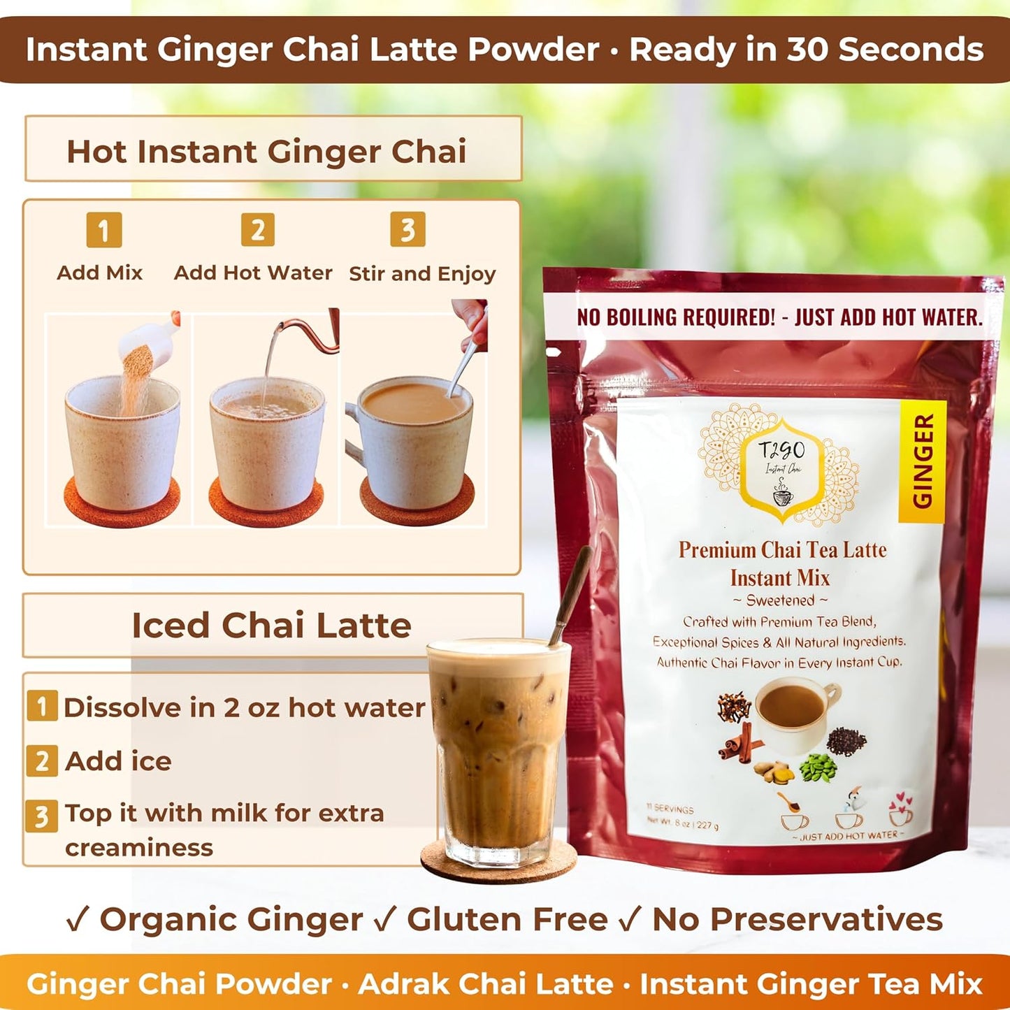 T2GO Instant Ginger Chai Tea Latte Powder – Just Add Water, 8 oz | Bold adrak ginger masala chai — real milk &amp; spices built in, ready in seconds