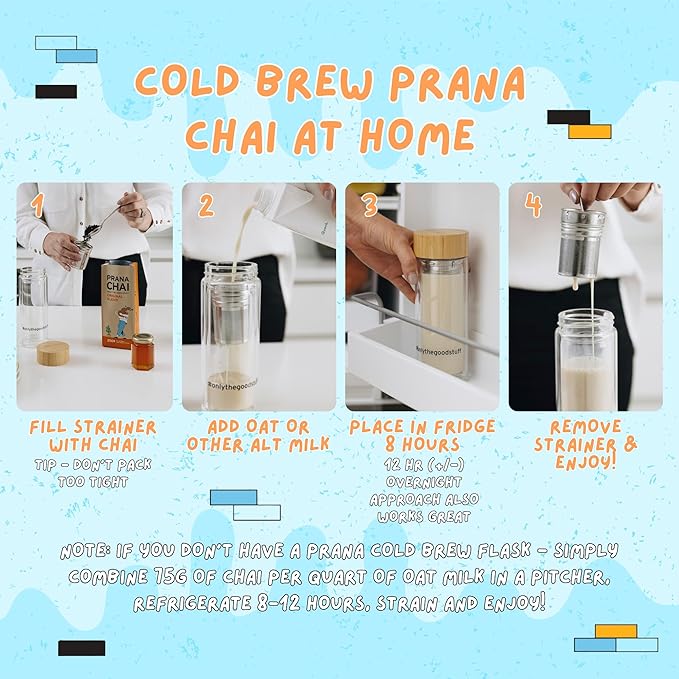 Prana Chai Masala Blend Cold Brew Kit with Loose Leaf Tea, Tea Infuser & Recipe Book – All-Natural Home Brewing Kit with Spiced Chai Blend, No Added Sugars or Preservatives