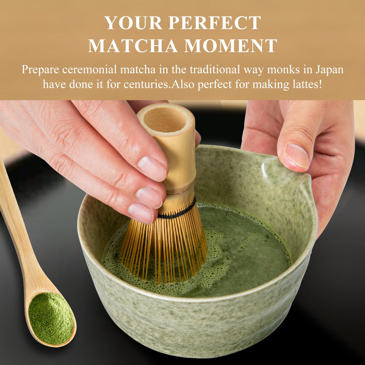 YIBO Matcha Whisk Set, Matcha Making Kit Whisk (Chasen Holder), Ceramic Whisk Holder (Mottled Green), Bamboo Scoop, Powder