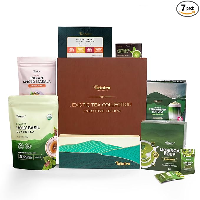 Teaniru, Exotic Collection-Christmas Gift Box | Holiday Flavored Teas, Moringa Soup, Strawberry Matcha Latte, Spiced Masala Chai, Assorted Loose Leaf Teas, Holy Basil Tea & Matcha, Thanks Giving