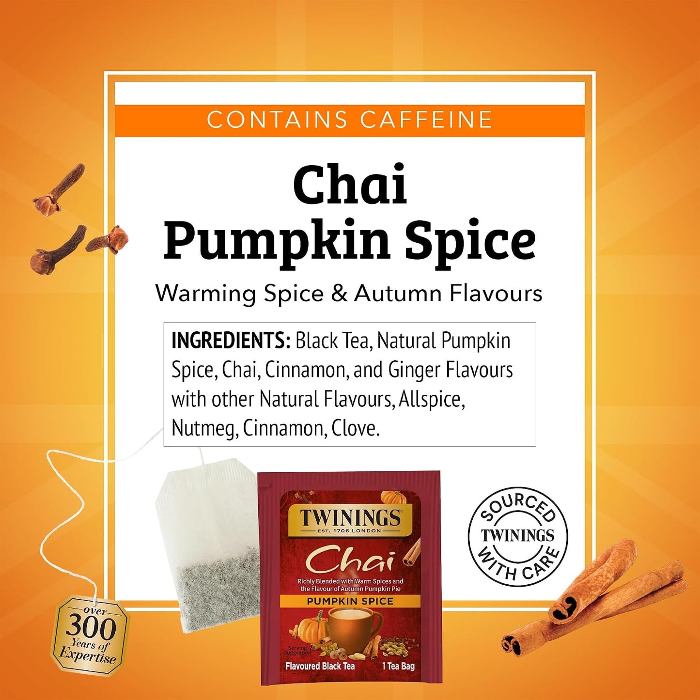 Twinings Pumpkin Spice Chai Black Spicy Tea Bags, 20 CT Box (6 Pack) | Pumpkin Pie Flavour, Cinnamon, Ginger, Allspice, Nutmeg, Clove, Contains Caffeine, 120 Foil Lined Individually Wrapped Bags