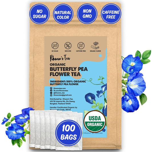 KHWAN'S TEA Organic Butterfly Pea Flower Tea Bags, 100 Count | USDA Organic butterfly pea flower, color-changing blue herbal tea, whole-flower, caffeine-free, vegan, Thai-grown, 100 ct