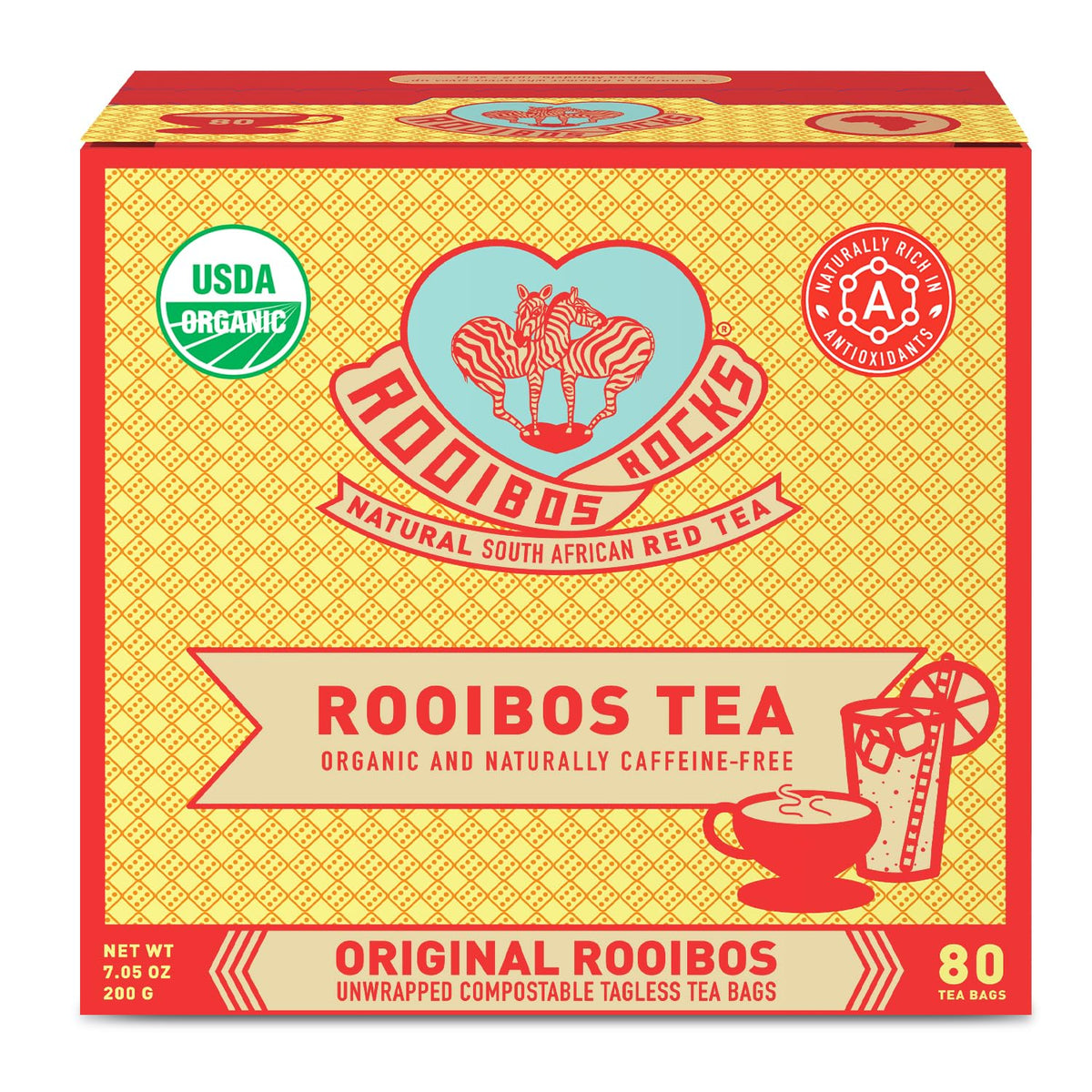 Rooibos Rocks Organic Rooibos Tea Bags - Caffeine-Free, 80 ct | USDA Organic • Microplastic-Free Tagless Pillow Tea Bags • Naturally Mildly Sweet Flavor • Hot or Iced
