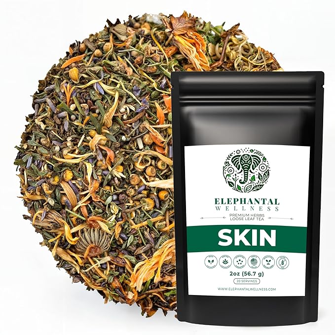 Elephantal Wellness Premium Skin Herbal Tea | Radiance & Clarity Support with Burdock, Dandelion, Calendula & Lavender | Non-GMO, Caffeine-Free, Handmade Loose Leaf Blend, 2oz Loose Leaf, 20 Servings
