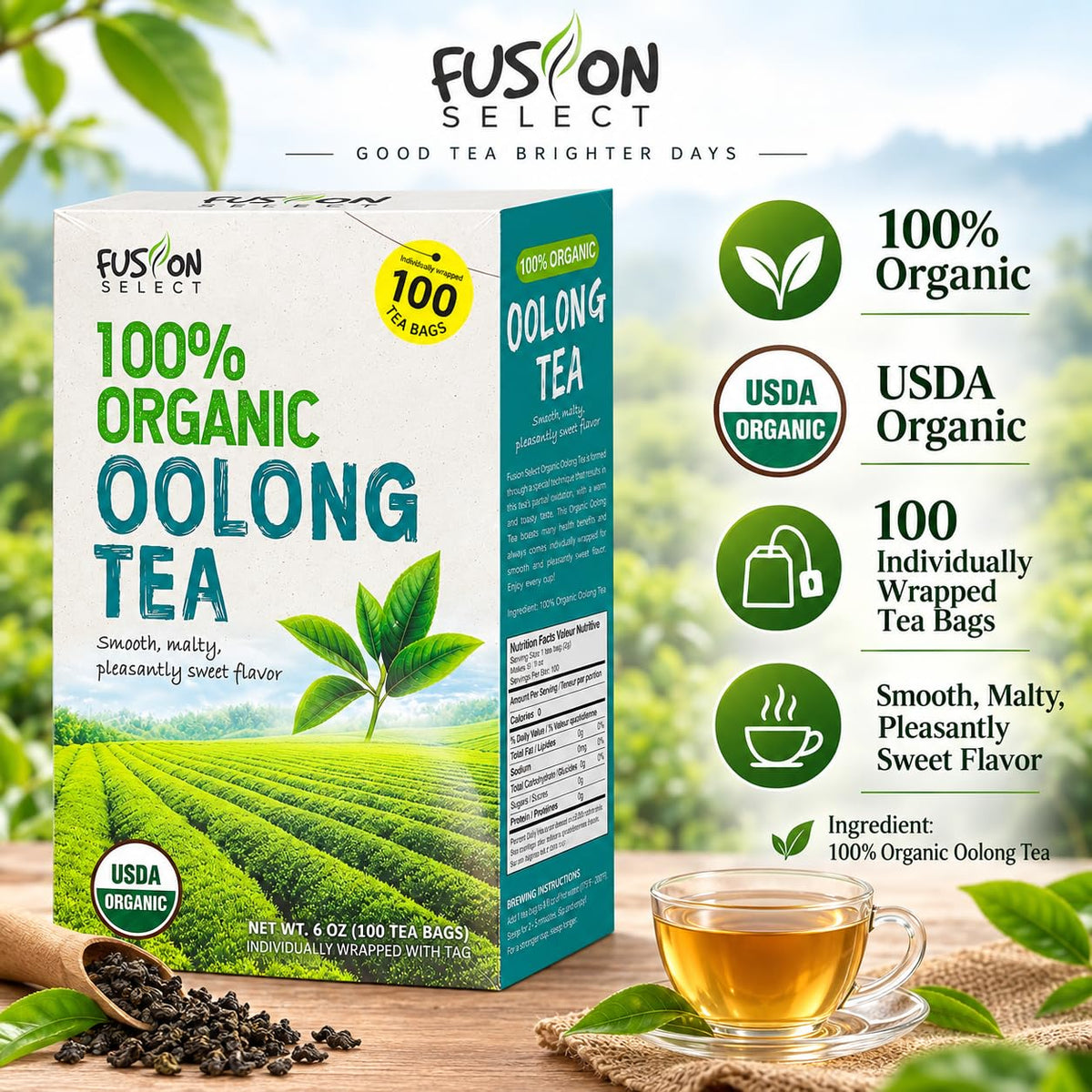 Fusion Select Organic Oolong Tea Bags, 100 Count Individually Wrapped