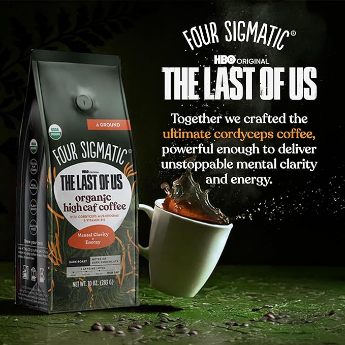 Four Sigmatic Focus Max High Caffeine Cordyceps Coffee, Organic Dark Roast High Caffeine Ground Coffee with Cordyceps, Lion's Mane and B12