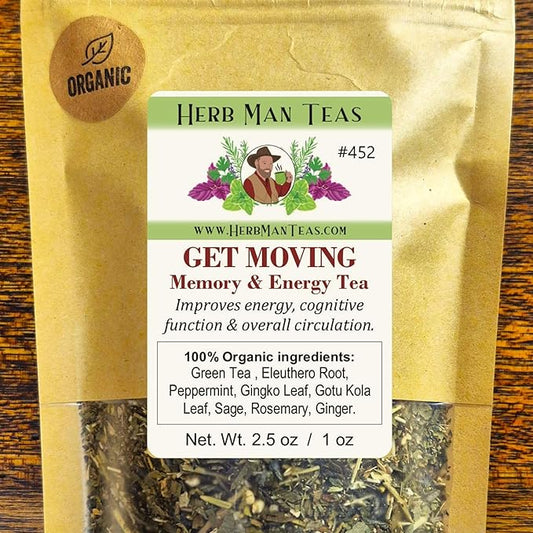 MEMORY & ENERGY TEA – Focus & Clarity Blend with Ginkgo Biloba, Brahmi & Green Tea – Organic, Non-GMO – Formulated by Master Herbalist Khabir