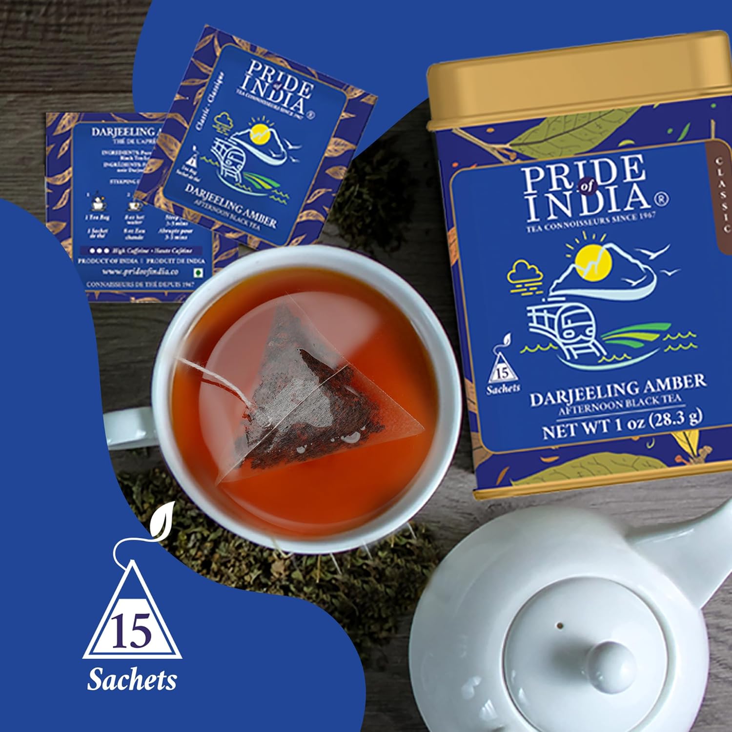Pride of India Darjeeling Amber Black Tea 1 oz (28.3g) – 15 Tea Bags Individually Wrapped | Full Leaf Darjeeling Tea with Smooth Musky Floral Flavor for Hot or Iced Drinks | Single Estate Certified