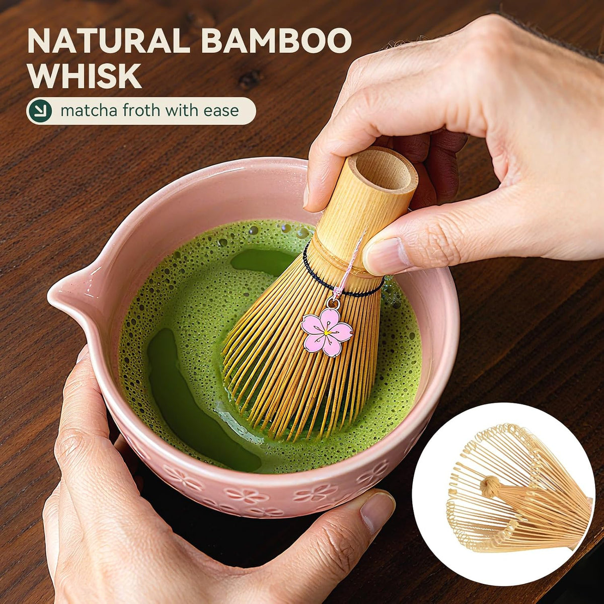 Sakura Matcha Whisk Set, 8 PCS Japanese-Style Matcha Kit with Cherry Blossom Matcha Bowl, Bamboo Whisk &amp; Holder, Scoop, Spoon Rest, Wooden-Handle Sifter &amp; Gift Box for Matcha Lovers (Pink)