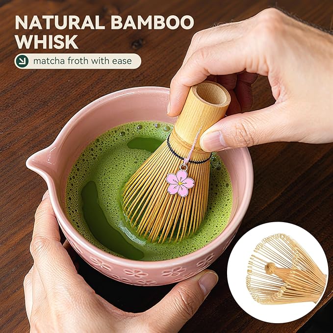 Sakura Matcha Whisk Set, 8 PCS Japanese-Style Matcha Kit with Cherry Blossom Matcha Bowl, Bamboo Whisk & Holder, Scoop, Spoon Rest