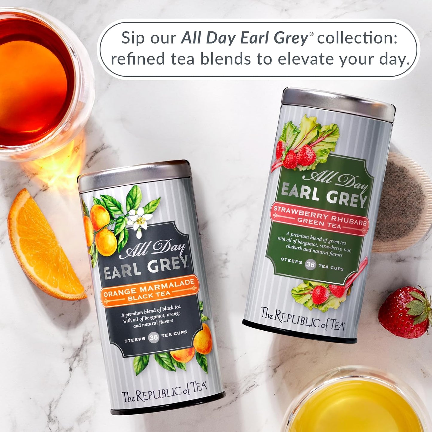 The Republic of Tea All Day Earl Grey Orange Marmalade Black Tea, 36 Count | Naturally Caffeinated. Made for morning or afternoon. Brisk and full-bodied with notes of lively citrus and bright bergamot.