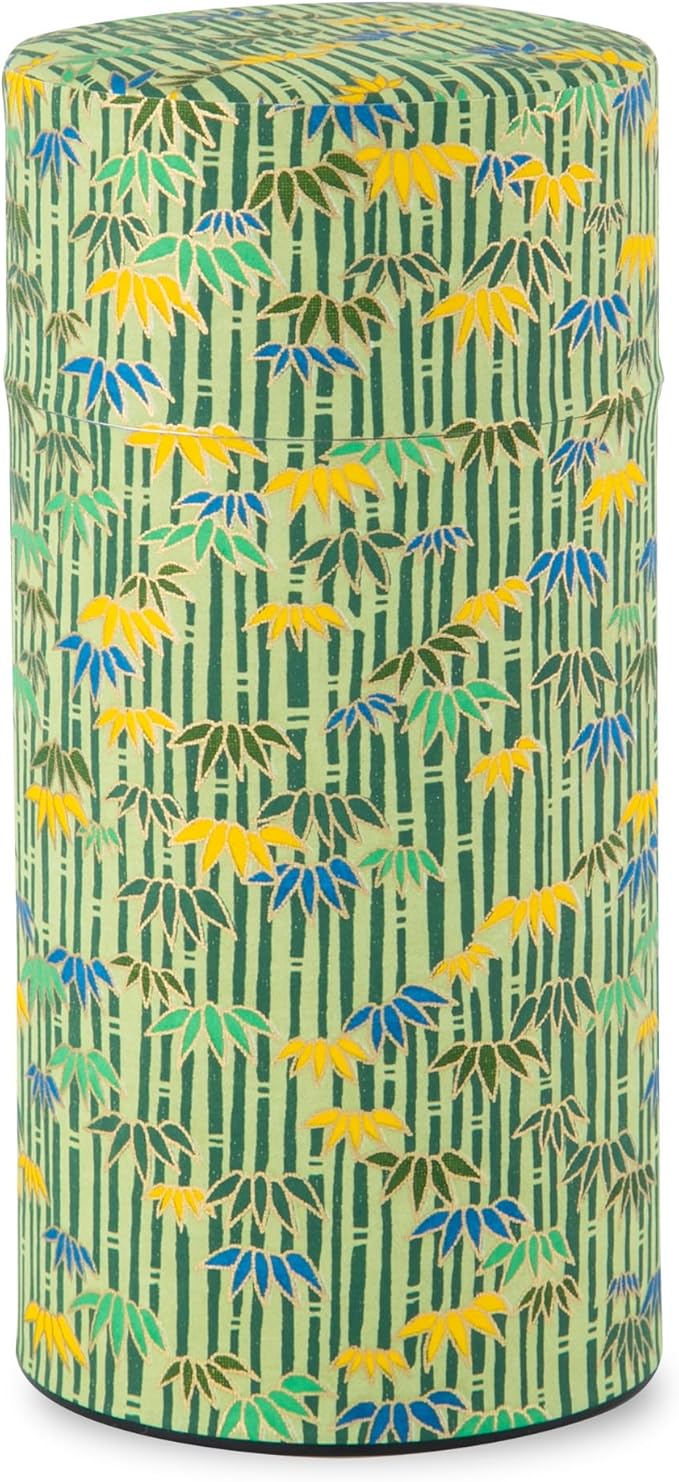 Noren Japanese Tea Canister Tin (Yuzen Washi Paper - Bamboo/Green), 7.06oz Size/Made in Japan with Includes Inner Lid of Airtight Damp-Proof/Kitchen