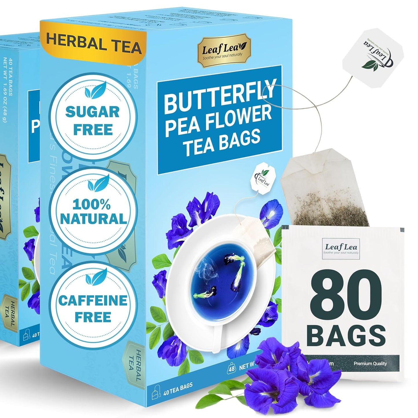 LeafLea Butterfly Pea Tea Bags, 100% Butterfly Pea Flowers, 80 Count