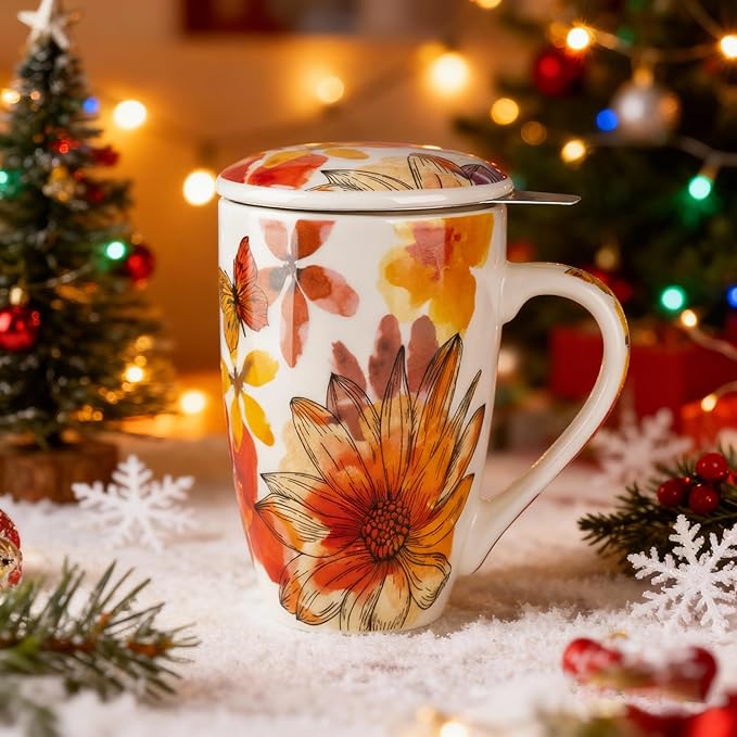 Gbhome Tea Mug with Infuser and Lid, 18 Ounce Large Ceramic Loose Leaf Cup, Microwave, Dishwasher Safe, Perfect for Tea Lovers