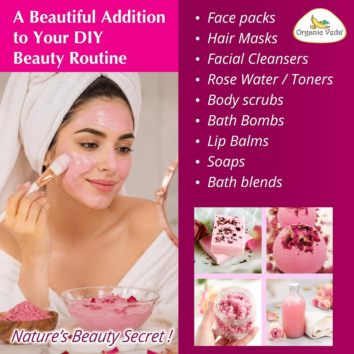 Organic Veda Rose Petals Powder - USDA Organic Edible Dried Rose Petals for Tea, Baking, Drink Mix, DIY Beauty Skin Care, Hair &amp; Face Mask - 100% Pure Rose Powder for Culinary &amp; Aromatherapy, 7 oz