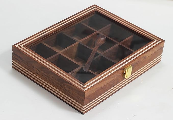 DEALS - ABHANDICRAFTS Wood Spice Box for Kitchen Table Top Masala Box with 12 Compartment and Spoon Multipurpose storage Box for Spices, Herbs (AB-MASALABOX-2)