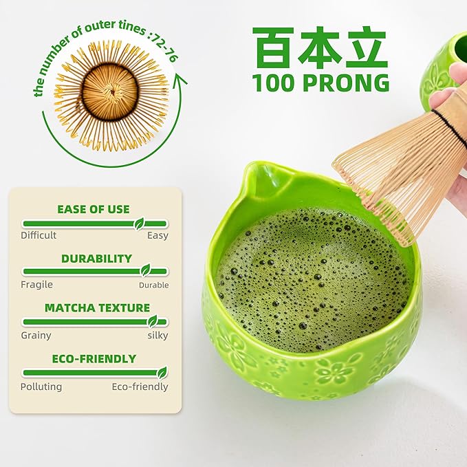 Teanagoo 7-PCS Green Matcha Whisk Set with Cherry Blossom Design, Complete Ceremony Kit, Ceramic Chawan Bowl with Spout, Whisk & Accessories