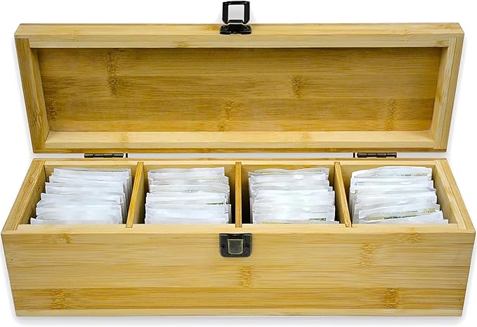 Bamboo Tea Organizer Box Chemical Free Eco-Friendly Big, Tall, Adjustable Cubbies Natural Wooden Storage Chest (4-Slot Across 14.3" x 4.4" x 4.2" with Tea Leaf design)