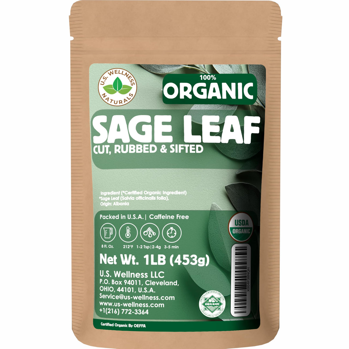 U.S. Wellness Naturals Organic Sage Leaf, 1 Pound, Cut and Sifted Loose Leaf Tea and Seasoning, Salvia officinalis, Albanian