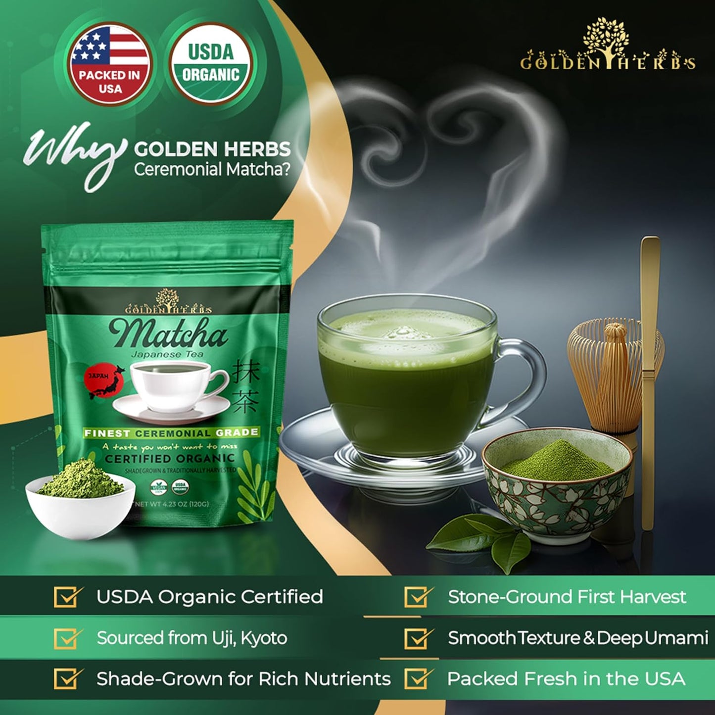 Golden Herbs Matcha Superior Ceremonial Blend Green Tea Powder from Uji, Kyoto, USDA Organic, Gluten-Free Vegan, 100% Pure Unsweetened, No Additivesm, Resealable Freshness Pouch (120 Grams, 4.23 OZ)