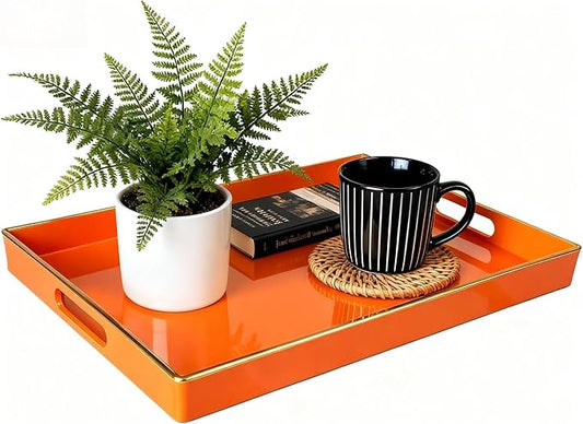 Zosenley Decorative Tray, Rectangular Plastic Tray with Handles, Modern Vanity Tray and Serving Tray for Bathroom, Kitchen, Ottoman and Coffee Table, 15.6” x 10.2” (Orange)