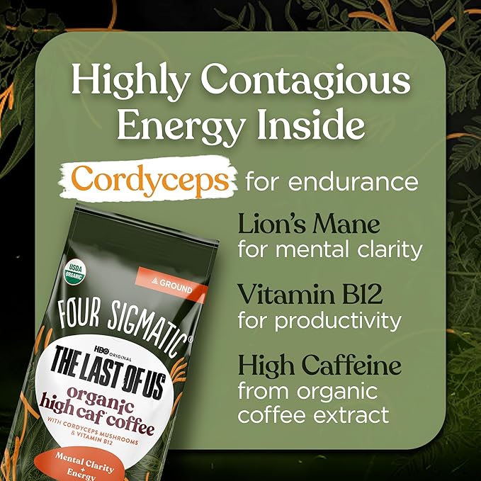 Four Sigmatic Focus Max High Caffeine Cordyceps Coffee, Organic Dark Roast High Caffeine Ground Coffee with Cordyceps, Lion's Mane and B12