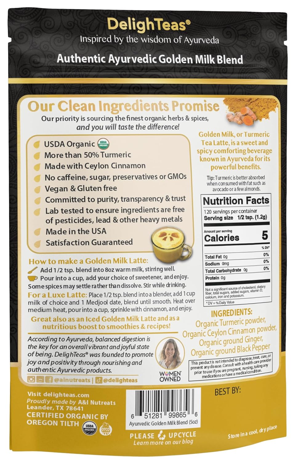 DelighTeas Organic Golden Milk Powder with Turmeric, Ginger, Ceylon Cinnamon | Ayurvedic Spices for Golden Turmeric Latt