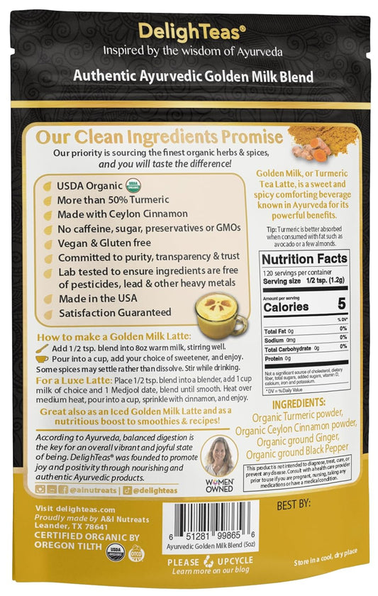DelighTeas Organic Golden Milk Powder with Turmeric, Ginger, Ceylon Cinnamon | Ayurvedic Spices for Golden Turmeric Latte | Unsweetened, Vegan, Non-GMO, Keto | 120 Servings, 5 oz.