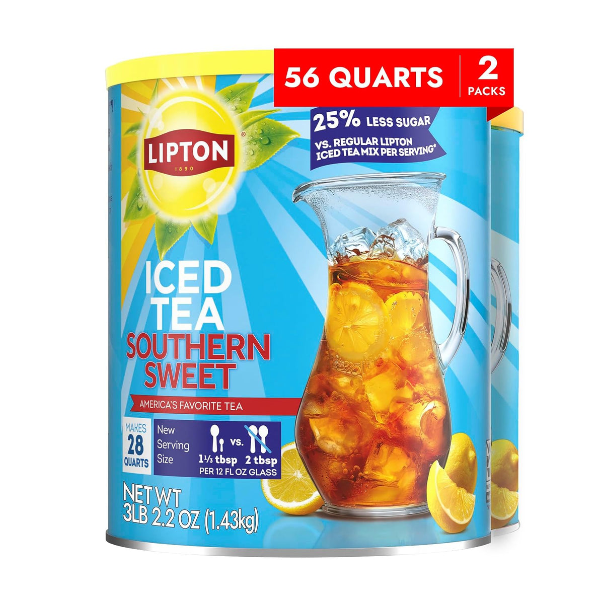 Lipton Reduced Sugar Lemon Iced Tea Mix, Makes 28 Quarts, Pack of 2 | Black tea with lemon flavor and 25% less sugar per serving than regular Lipton Powdered Iced Tea Mix