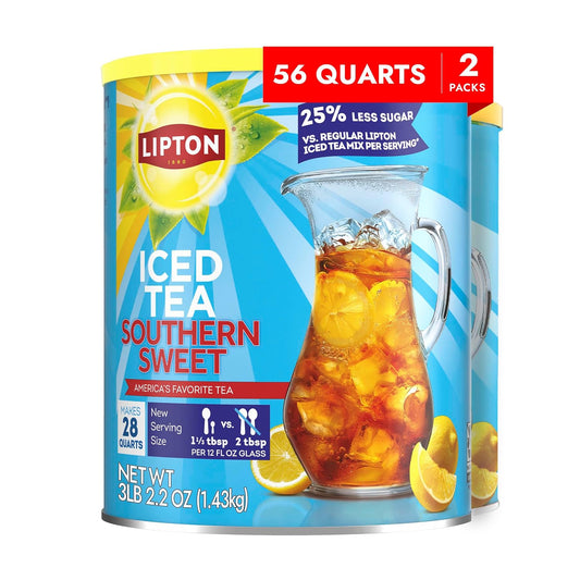 Lipton Reduced Sugar Lemon Iced Tea Mix, Makes 28 Quarts, Pack of 2 | Black tea with lemon flavor and 25% less sugar per serving than regular Lipton Powdered Iced Tea Mix