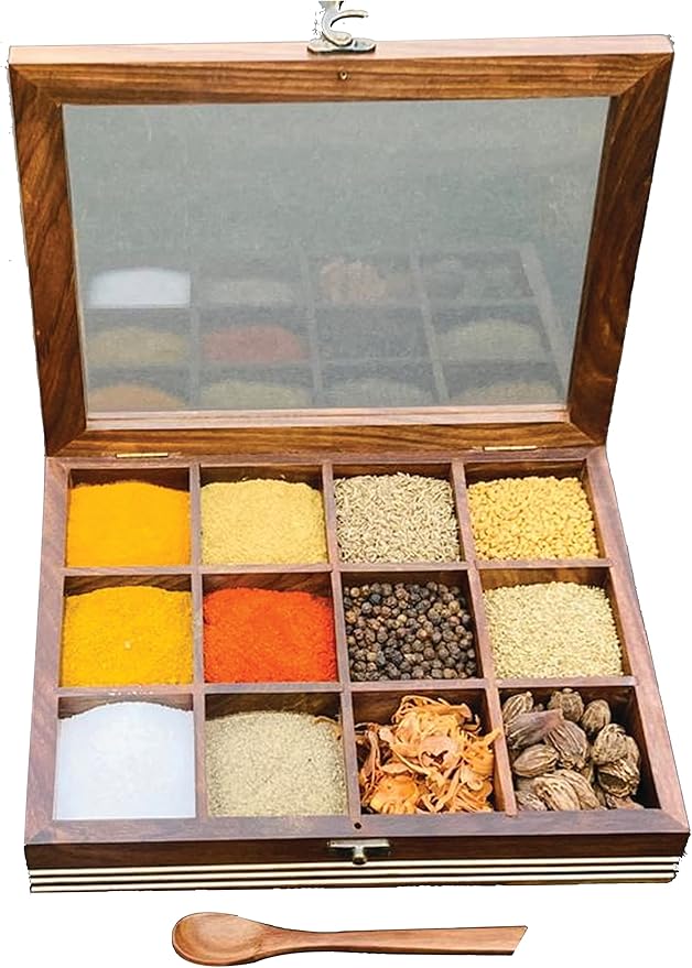 DEALS - ABHANDICRAFTS Wood Spice Box for Kitchen Table Top Masala Box with 12 Compartment and Spoon Multipurpose storage Box for Spices, Herbs (AB-MASALABOX-2)