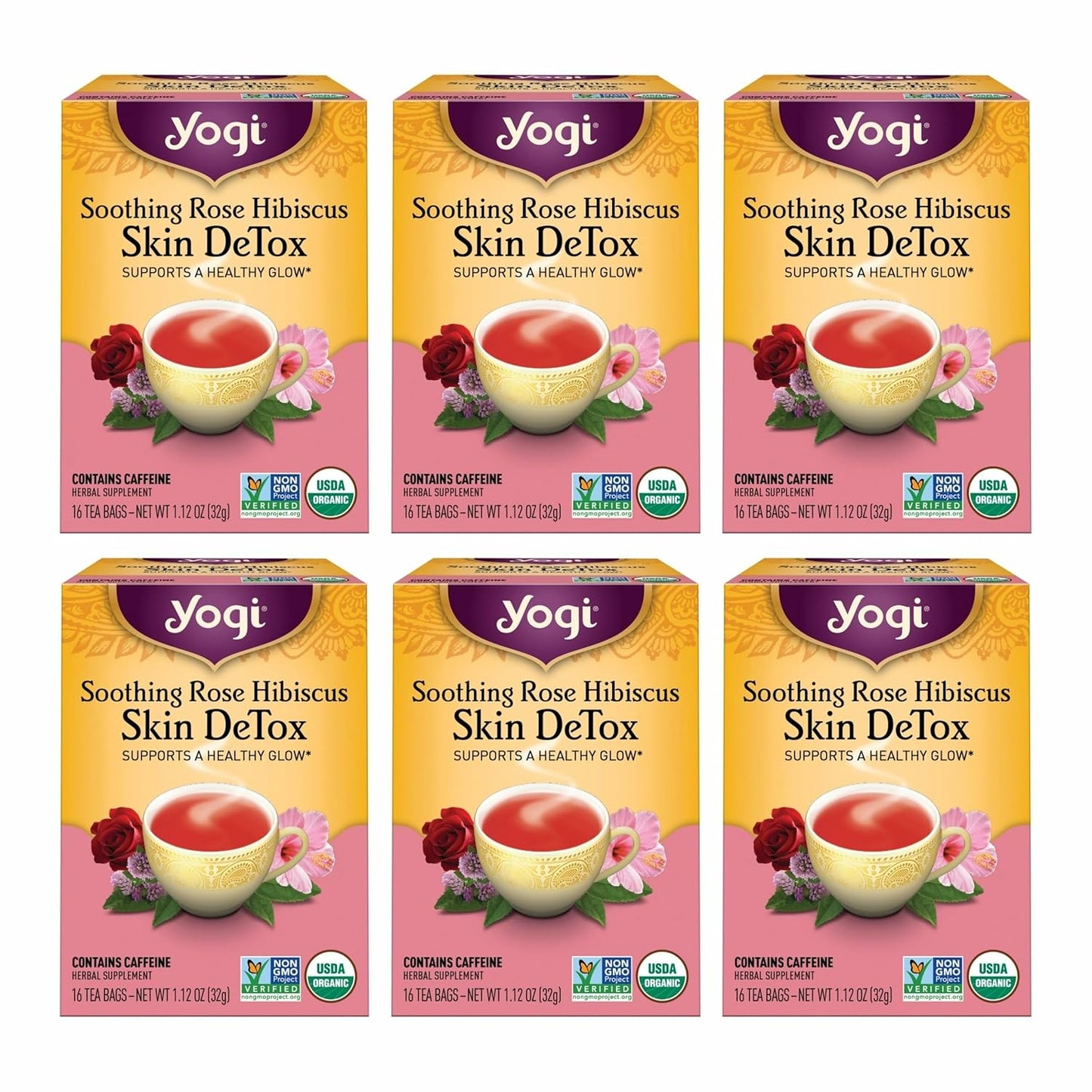 Yogi Tea Soothing Rose Hibiscus Skin DeTox Tea - 16 Tea Bags per Pack (6 Packs) - Organic DeTox Tea to Support Skin Health - Includes Green Tea Leaf, Rose Petal, Honeybush Leaf, Hibiscus & More