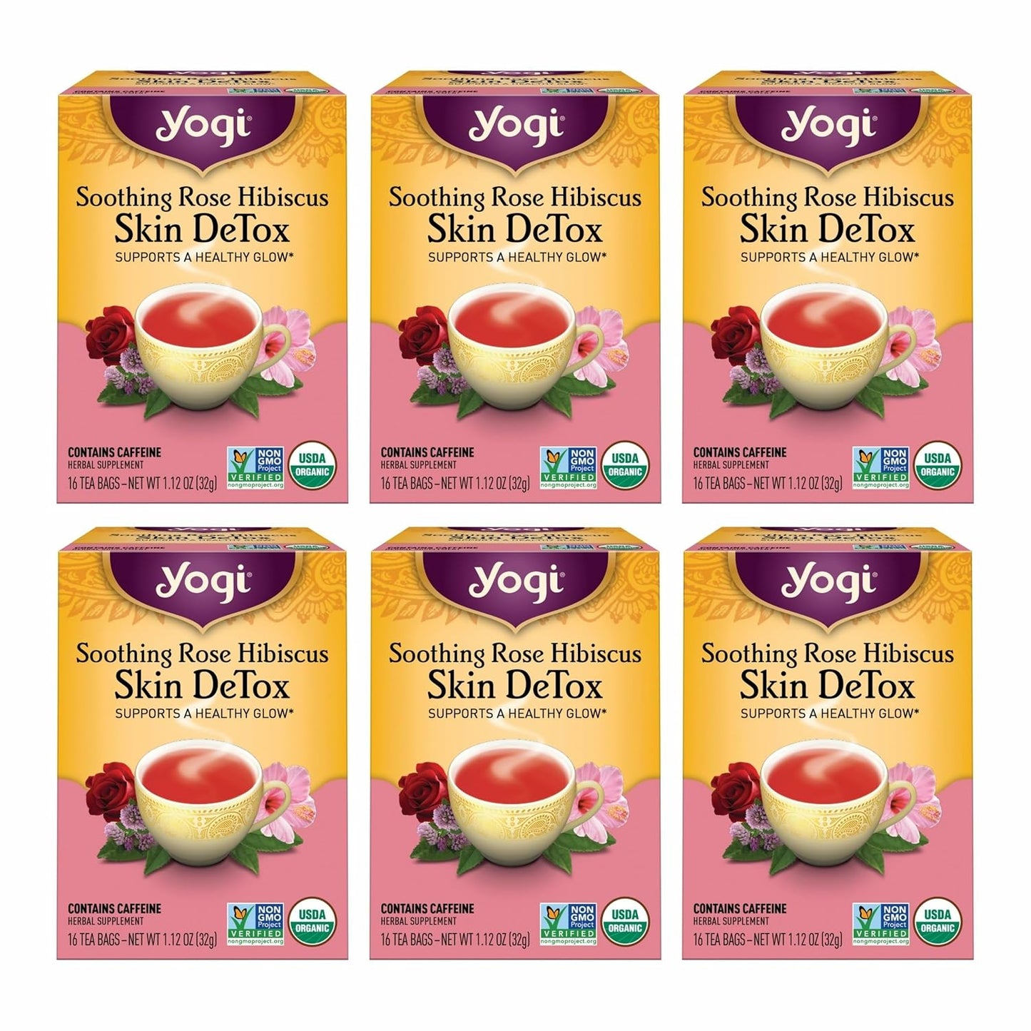 Yogi Tea Soothing Rose Hibiscus Skin DeTox Tea - 16 Tea Bags per Pack (6 Packs) - Organic DeTox Tea to Support Skin Health - Includes Green Tea Leaf